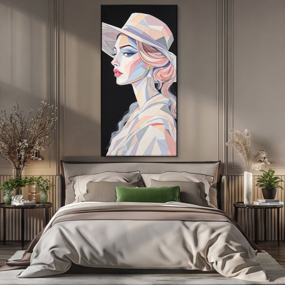 Tablou canvas cu tablou canvas cu femeie in stil cubist, in rama de aluminiu negru, pe perete intr-un dormitor